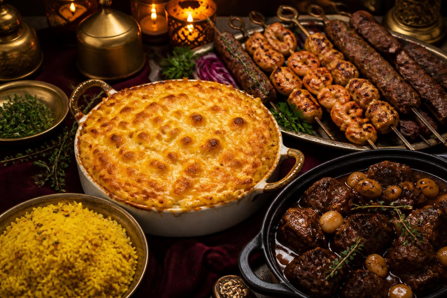 A vibrant Mediterranean-Caribbean fusion catering spread with kebabs, rice, empanadas, and desserts